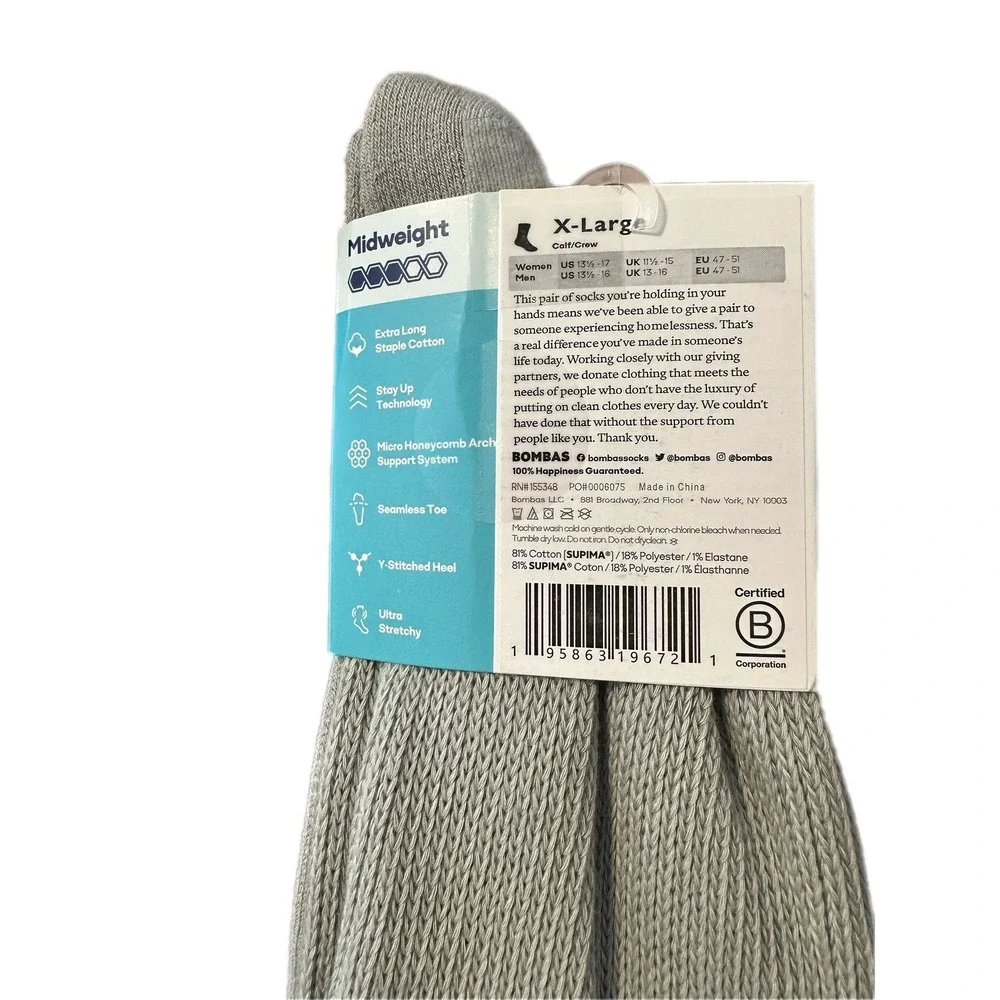 Bombas Men Midweight Crew Socks X Large Light Grey‎ men's 13-16